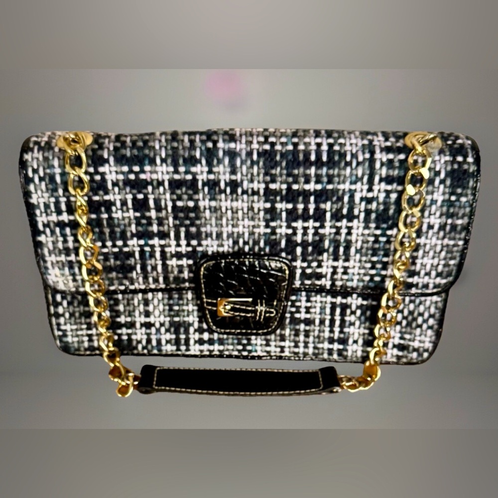 Vintage Liz Claiborne Black/Gray Tweed Snap Close Purse Gold Chain 11”X 5.75”X3”